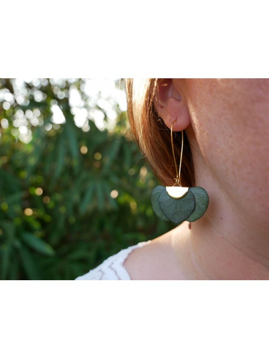 Boucles d'oreille éventail en véritable eucalyptus stabilisé