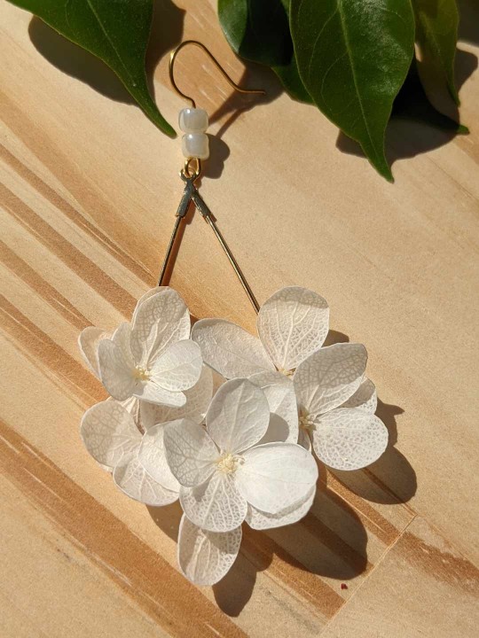 Boucles d'oreille goutte fleurie en hortensia blanc