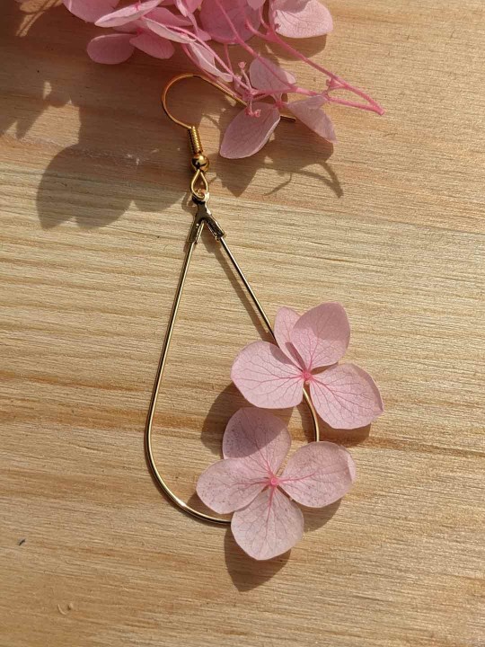 Boucles d'oreille goutte duo d'hortensia rose