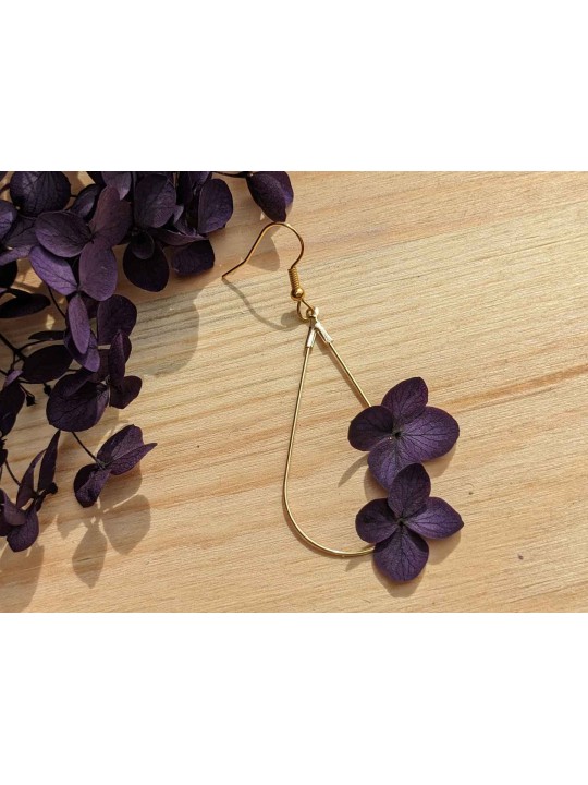 Boucles d'oreille goutte duo d'hortensia violet