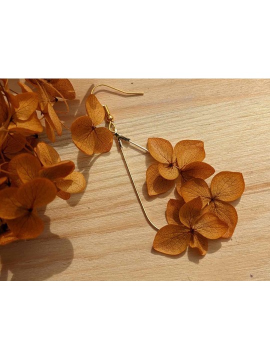 Boucles d'oreille goutte 4 fleurs d'hortensia jaune safran
