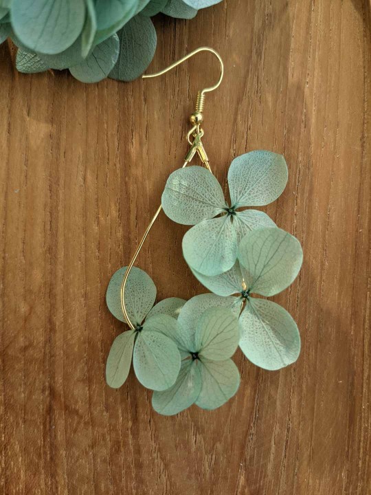 Boucles d'oreille goutte fleurs d'hortensia vert