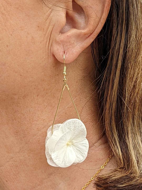 Boucles d'oreille goutte fleurie en hortensia blanc