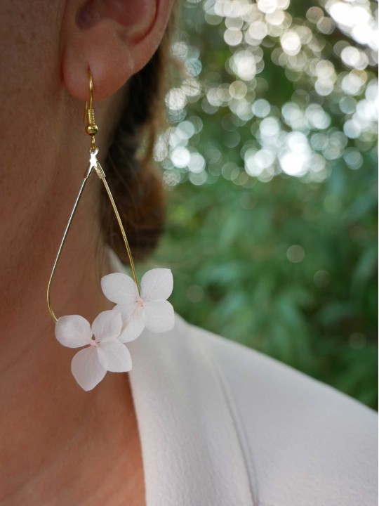 Boucles d'oreille goutte duo d'hortensia rose poudré