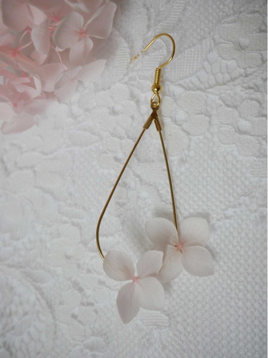 Boucles d'oreille goutte duo d'hortensia rose poudré