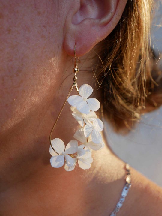 Boucles d'oreille goutte fleurie en hortensia blanc