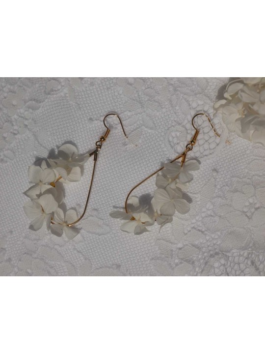 Boucles d'oreille goutte fleurie en hortensia blanc