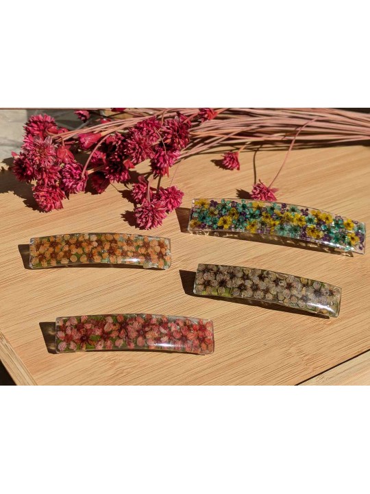 Barrette ou pince en résine fleurs turquoise, jaune, violet Barrette ou pince en résine fleurs turquoise, jaune, violet