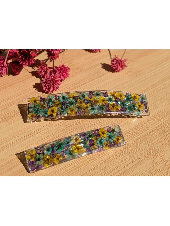 Barrette ou pince en résine fleurs turquoise, jaune, violet