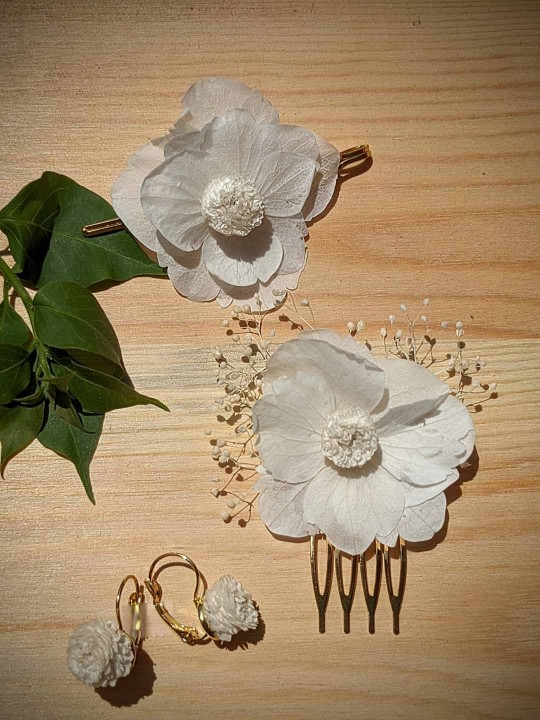 Peigne en fleurs stabilisées blanches