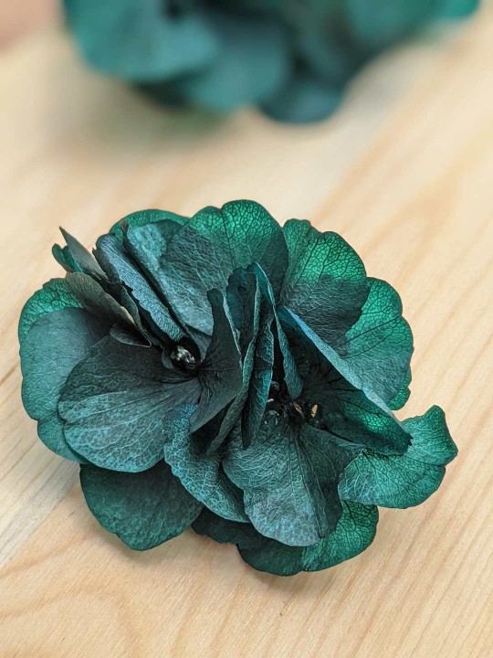 Barrette en grandes fleurs stabilisées, hortensia bleu vert metal