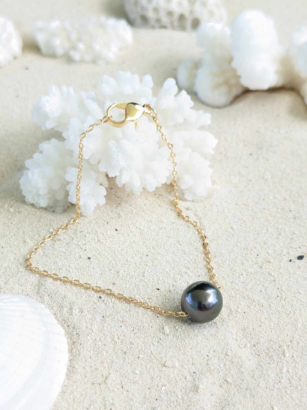 Collier en or 1 authentique perle de Tahiti flottante - grise métal