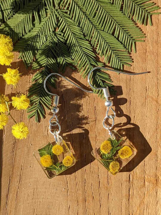 Boucles d'oreille en résine contenant du véritable mimosa