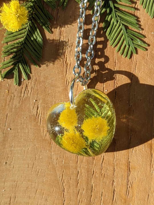 Collier en résine contenant du véritable mimosa