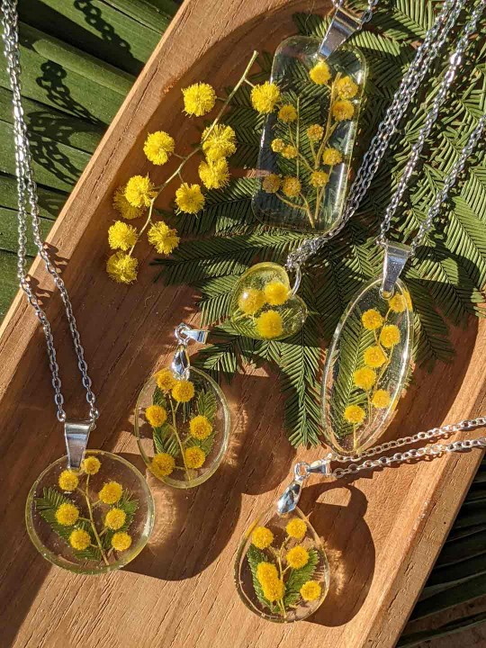 Collier en résine contenant du véritable mimosa