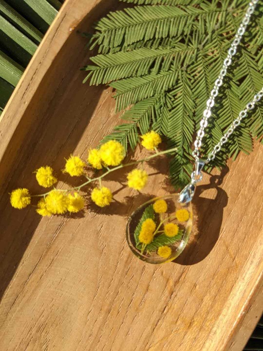 Collier en résine contenant du véritable mimosa