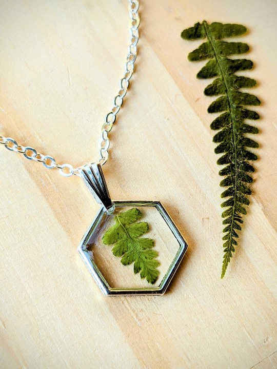 Collier pendentif hexagonal en véritable fougère en résine