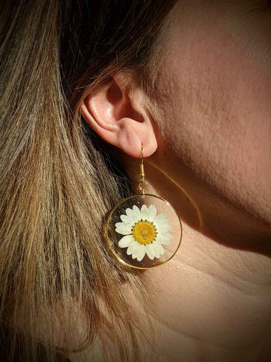 Boucles d'oreille en résine de véritable marguerite pressée blanche