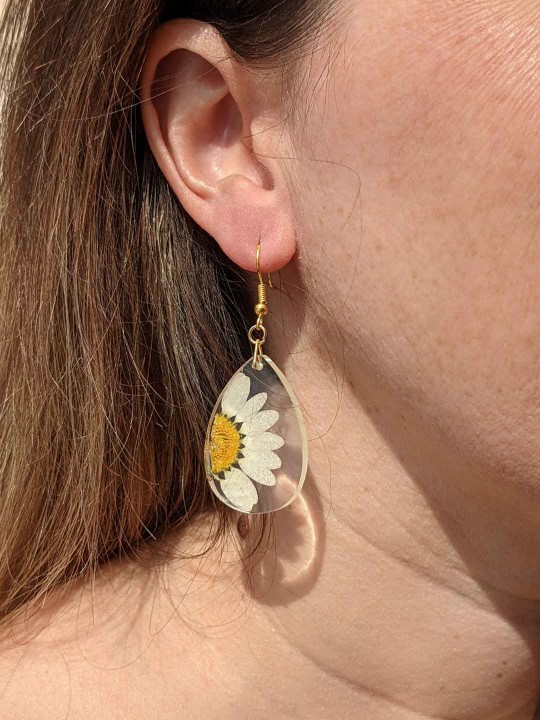 Boucles d'oreille en résine de véritable marguerite