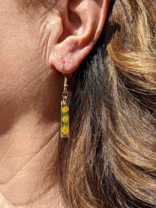 Boucles d'oreille en résine contenant du véritable mimosa