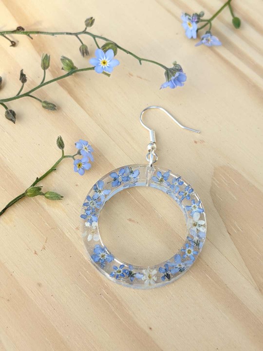 Boucles d'oreille en vrai fleurs de Myosotis