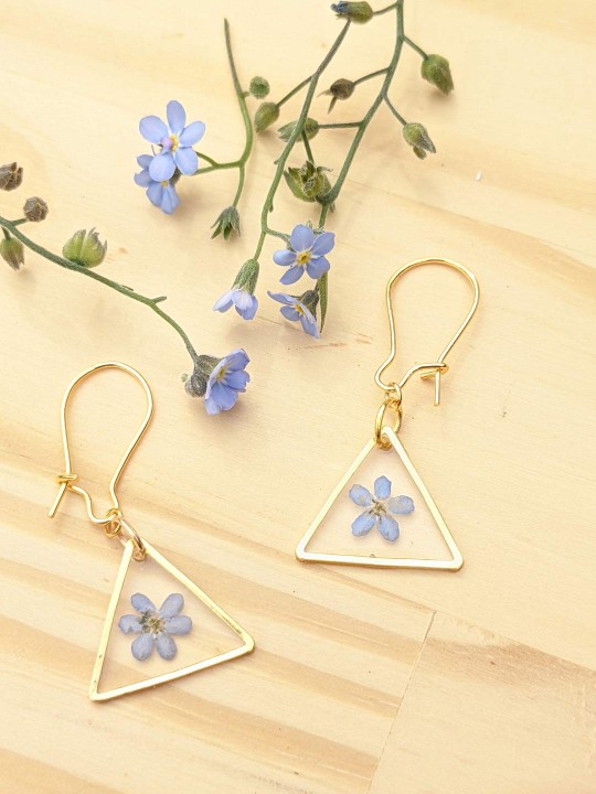 Collier triangle contenant une véritable fleur de Myosotis