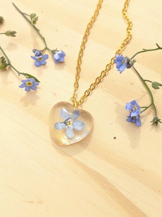 Collier coeur en résine contenant une véritable fleur de Myosotis