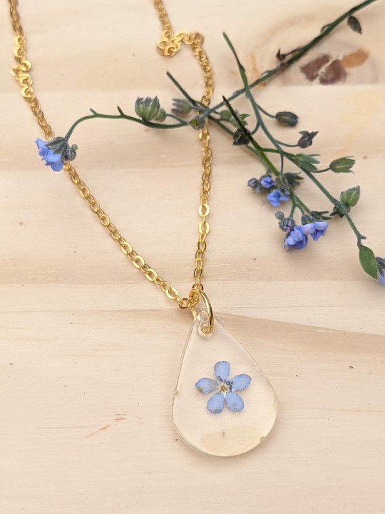 Collier goutte en résine contenant une véritable fleur de Myosotis