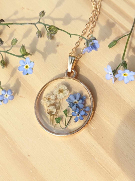 Collier rond contenant de véritables fleurs de Myosotis