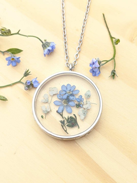 Collier rond contenant de véritables fleurs de Myosotis