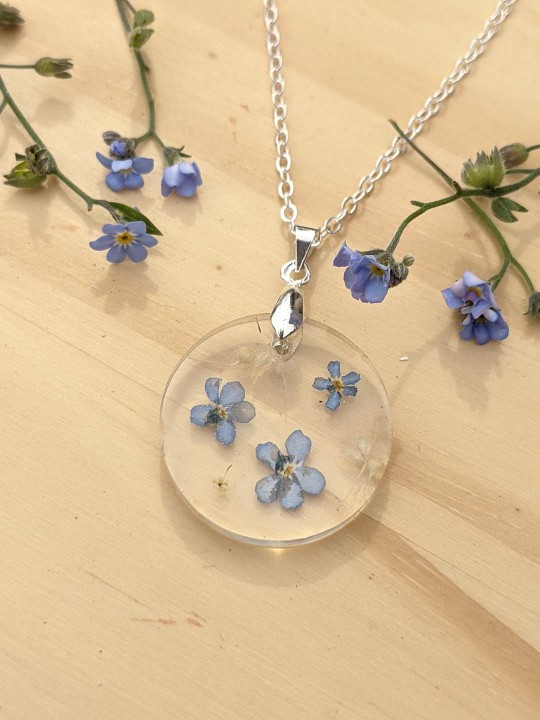 Collier rond contenant de véritables fleurs de Myosotis