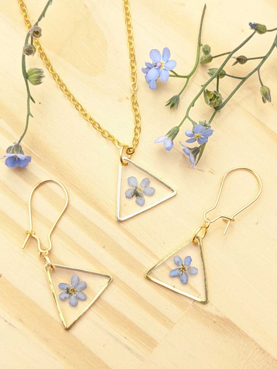 Collier triangle contenant une véritable fleur de Myosotis