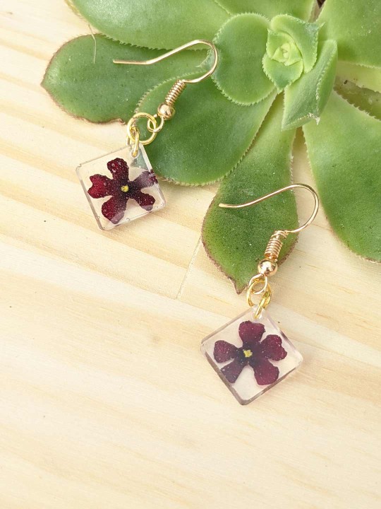 Boucles d'oreille en véritable fleur séchée bordeau